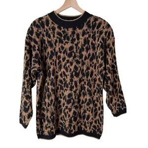 Vintage 80s Crewneck Leopard Pullover Knit Sweater‎ Black Brown Metallic Gold, L